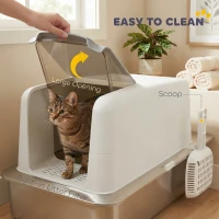 PawHut 2 in 1 Stainless Steel Cat Litter Box with Removable Lid, Scoop, Filter Bags, for Small to Large Cats, White(m-6)