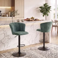 HOMCOM Adjustable Bar Stools Set of 2 with Back, Footrest, Chenille Upholstered Bar Chairs for Kitchen Island, Dark Green(m-1)