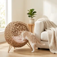 PawHut 20.5" Weaved Cat Bed, Elevated Hand-woven Braided Banana Leaf Kitten House Condo with Cushion, Beige(m-2)