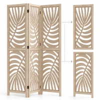 HOMCOM 4 Panel Room Divider, Detachable Folding Privacy Screens with Palm Leaf Design for Home Office, Natural Wood Finish(m-9)