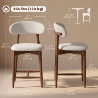HOMCOM Bar Stools Mid-Century Curved Back Counter Height Stools Set of 2, Cream White(m-3)