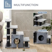 PawHut Adjustable Height 3 Step/4 Step Cat Stairs with Cat Scratching Post, Cat Condo, Toy Ball, for Bed, Sofa, Couch, Gray(m-5)