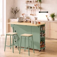 HOMCOM 53" Kitchen Island with Power Outlet and Drop Leaf, Kitchen Cart on Wheels with 360° Rotating Rack, Sage Green(m-8)
