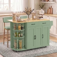 HOMCOM 53" Kitchen Island with Power Outlet and Drop Leaf, Kitchen Cart on Wheels with 360° Rotating Rack, Sage Green(m-10)