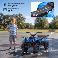 Qaba 12V Ride on ATV, 4 Wheeler for Kids with Dual Motors, Soft Start, Battery Display, Music, Lights for 3-8 Years, Blue(m-3)