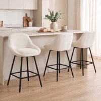 HOMCOM Bar Stools Modern Chenille 360° Swivel Barstools Counter Height Backrest Footrest Set 3, Cream White(m-2)