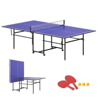 Soozier Full Size Table Tennis Table, Folding Ping Pong Table with Net, Paddles, Balls and Wheels, Blue(m-2)