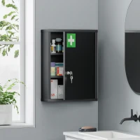 kleankin 16" x 21" Lockable Medicine Cabinet, 3 Tier Steel Medical Wall Box with 2 Keys and Shelves for Bathroom, Black(m-2)