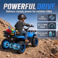 Qaba 12V Ride on ATV, 4 Wheeler for Kids with Dual Motors, Soft Start, Battery Display, Music, Lights for 3-8 Years, Blue(m-4)