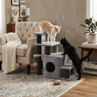 PawHut Adjustable Height 3 Step/4 Step Cat Stairs with Cat Scratching Post, Cat Condo, Toy Ball, for Bed, Sofa, Couch, Gray(m-10)