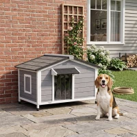 PawHut Wooden Cabin Style Outdoor Dog House with Openable Roof, Removable Bottom, Windows, Curtain, Foot Covers, Gray(m-8)
