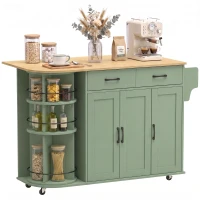 HOMCOM 53" Kitchen Island with Power Outlet and Drop Leaf, Kitchen Cart on Wheels with 360° Rotating Rack, Sage Green(m-1)