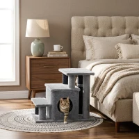 PawHut Adjustable Height 3 Step/4 Step Cat Stairs with Cat Scratching Post, Cat Condo, Toy Ball, for Bed, Sofa, Couch, Gray(m-11)