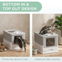 PawHut Fully Enclosed Cat Litter Box with Front Entry and Top Exit, Plastic, Gray & White(m-6)