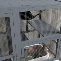 PawHut Cat Condo Wooden Indoor Cat House on Wheels with Cat Flap Door Platforms Hammock Openable Top for 2 Cats, Light Grey(m-10)
