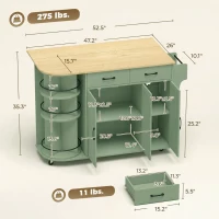HOMCOM 53" Kitchen Island with Power Outlet and Drop Leaf, Kitchen Cart on Wheels with 360° Rotating Rack, Sage Green(m-3)