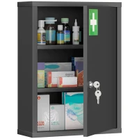 kleankin 16" x 21" Lockable Medicine Cabinet, 3 Tier Steel Medical Wall Box with 2 Keys and Shelves for Bathroom, Black(m-10)