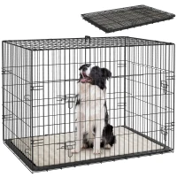 PawHut 35" Dog Crate with 2 Doors, Folding Metal Dog Cage with Soft Cushion, Removable Tray, Handle, Black(m-9)
