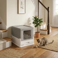 PawHut Fully Enclosed Cat Litter Box with Front Entry and Top Exit, Plastic, Gray & White(m-5)