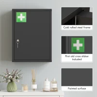 kleankin 16" x 21" Lockable Medicine Cabinet, 3 Tier Steel Medical Wall Box with 2 Keys and Shelves for Bathroom, Black(m-6)