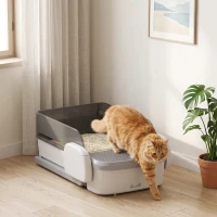 PawHut Self Cleaning Cat Litter Box, Automatic Litter Box with App Control, Open-Top, 10L Waste Bin, Gray(m-8)
