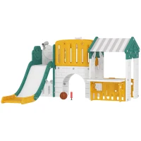 Qaba 7-in-1 Toddler Slide, Kids Slide Climber Playset with Playhouse and Basketball Hoop for 1-4 Years, Yellow(m-2)