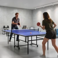 Soozier Full Size Table Tennis Table, Folding Ping Pong Table with Net, Paddles, Balls and Wheels, Blue(m-8)