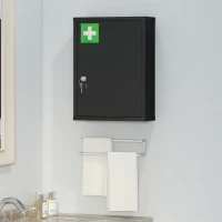 kleankin 16" x 21" Lockable Medicine Cabinet, 3 Tier Steel Medical Wall Box with 2 Keys and Shelves for Bathroom, Black(m-9)