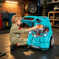 Qaba Mechanic Kids Truck Engine Toy Set, Car Service Play Set, Teal(m-2)