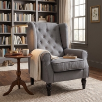 HOMCOM Fabric Accent Chair, Button Tufted Armchair, Armchair with Wood Legs, Thick Padding for Bedroom, Charcoal Grey
