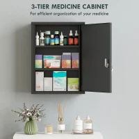 kleankin 16" x 21" Lockable Medicine Cabinet, 3 Tier Steel Medical Wall Box with 2 Keys and Shelves for Bathroom, Black(m-5)