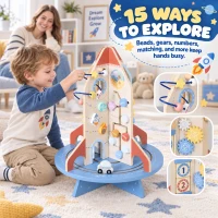 Qaba Wooden Activity Cube, Rocket Theme Educational Toys with Shape Sorter & Bead Maze for Toddlers 24M-6Y Fine Motor Skill(m-5)