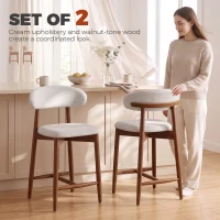 HOMCOM Bar Stools Mid-Century Curved Back Counter Height Stools Set of 2, Cream White(m-4)