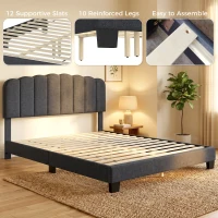 HOMCOM Queen Size Bed Frame with Adjustable Headboard, Linen-Feel Upholstered Platform Bed Frame with 12 Slat Support Dark Grey(m-6)