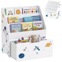 Qaba Montessori Kids Bookshelf with Moveable Drawer, 3-Tier Bookshelf for Kids Room, Nursery, Playroom, Ages 3-8 Years, White(m-13)