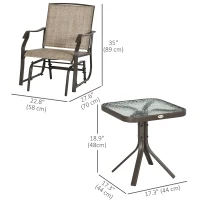 Outsunny 3 Piece Patio Glider Set Outdoor Gliders with Breathable Mesh Seat, Glass Top Table for Garden, Yard, Mixed Brown(m-3)
