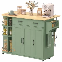 HOMCOM 53" Kitchen Island with Power Outlet and Drop Leaf, Kitchen Cart on Wheels with 360° Rotating Rack, Sage Green(m-11)