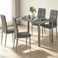 HOMCOM 5-Piece Rectangular Glass Kitchen Table and Chairs with Metal Frame and Faux Leather Upholstery for Dining Room, Grey(m-14)