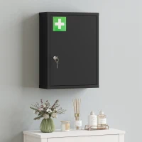 kleankin 16" x 21" Lockable Medicine Cabinet, 3 Tier Steel Medical Wall Box with 2 Keys and Shelves for Bathroom, Black(m-7)