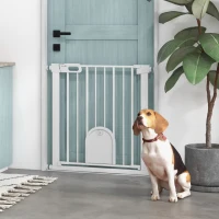 PawHut 30"-32" Extra Wide Pet Gate Barrier with Small Door, 30"H Dog Gate with Safety Gate Barrier, Stair Pressure Fit, White(m-1)