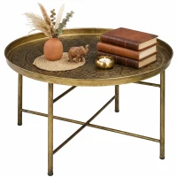 HOMCOM Coffee Table for Living Room, 24" Round Center Table with Hammered Tray Top and Metal Frame for Bedroom, Gold(m-11)
