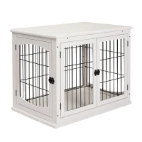 PawHut Dog Crate Furniture, 32" Small Dog Cage End Table with 2 Doors, Lockable Door, Puppy Kennel Indoor, White(m-1)