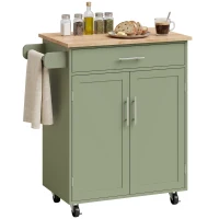 HOMCOM Kitchen Island Cart, Rolling Island Table with Solid Wood Top, Trolley Cart with Drawer, Storage Cabinet, Green(m-11)