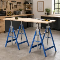 HOMCOM Set of 2 Adjustable Telescopic Builders Trestle, DIY Steel Work Bench Carpenter, Folding Saw Horse Tools Blue(m-7)