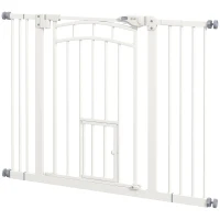 PawHut Auto-Close Pet Gate, Stair Gate with Cat Door, Double Locking for Doorways Hallways Stairs, Fits 29"-39.4" Wide, White(m-2)