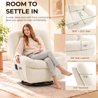 HOMCOM Oversized Power Recliner Chair with Massage and Heat, USB Port, Overstuffed Chenille Swivel Rocker Recliner, Cream White(m-5)