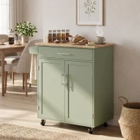 HOMCOM Kitchen Island Cart, Rolling Island Table with Solid Wood Top, Trolley Cart with Drawer, Storage Cabinet, Green(m-8)
