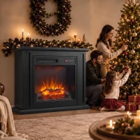 HOMCOM 26" Electric Fireplace with Mantel, 1400W Freestanding Fireplace TV Stand with Adjustable Flame, Timer, Remote, Black(m-9)