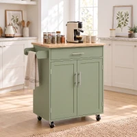 HOMCOM Kitchen Island Cart, Rolling Island Table with Solid Wood Top, Trolley Cart with Drawer, Storage Cabinet, Green(m-10)
