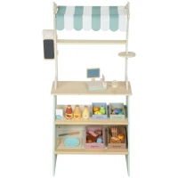 Qaba Kids Grocery Store Playset, Supermarket Toy Set with Cash Register, Chalkboard and Toy Food for Toddler Boys Girls 3+(m-2)